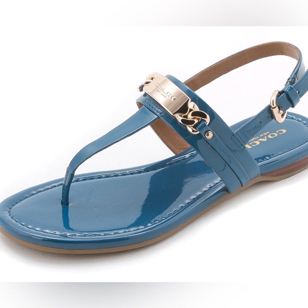 Coach “Caterine” Glossy Sapphire Blue Sandals with Gold Accent Logo